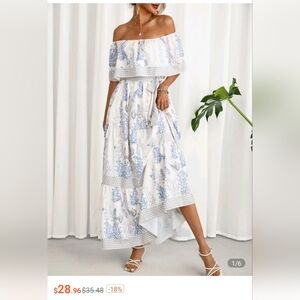 SHEIN Aveloria Plants Print Off Shoulder Ruffle Hem Dress- Large